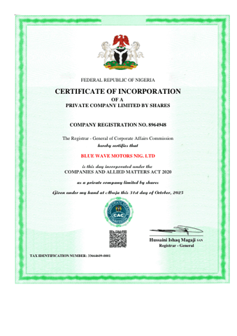 Corporate Affairs Commission (CAC) Certificate (RC: 251917492) preview